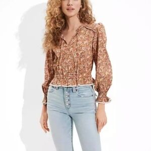 American Eagle Floral Long Sleeve Cotton Blouse Size Small